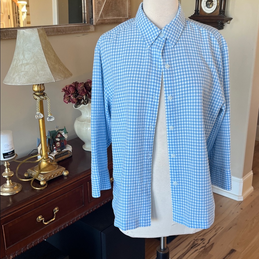 Blue White Checked Top Button Down Blue Womens M